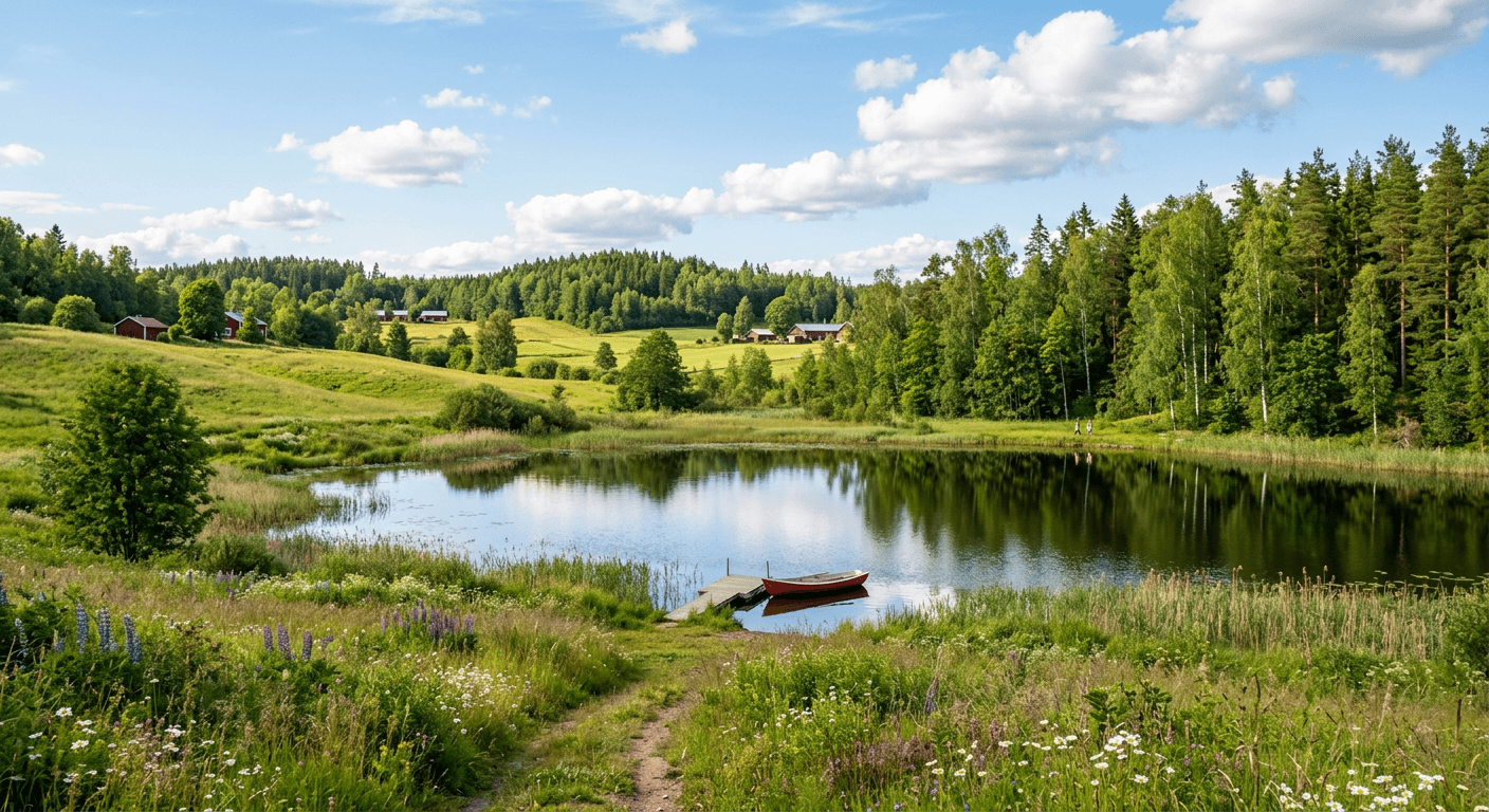 Punaisia mökkejä ja soutuvene pienen lammen rannalla