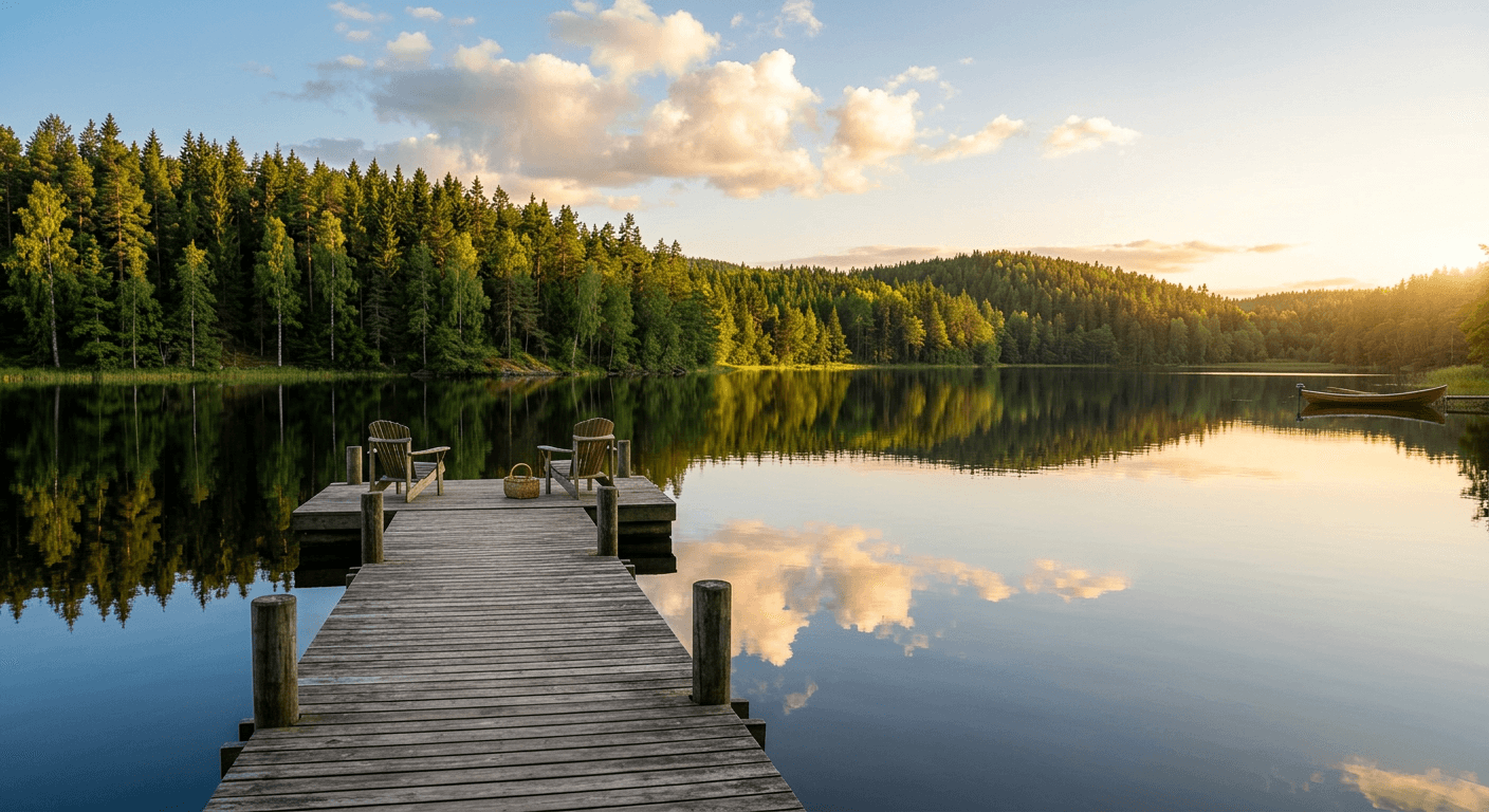 Laituri metsäjärven rannalla auringonlaskun aikaan